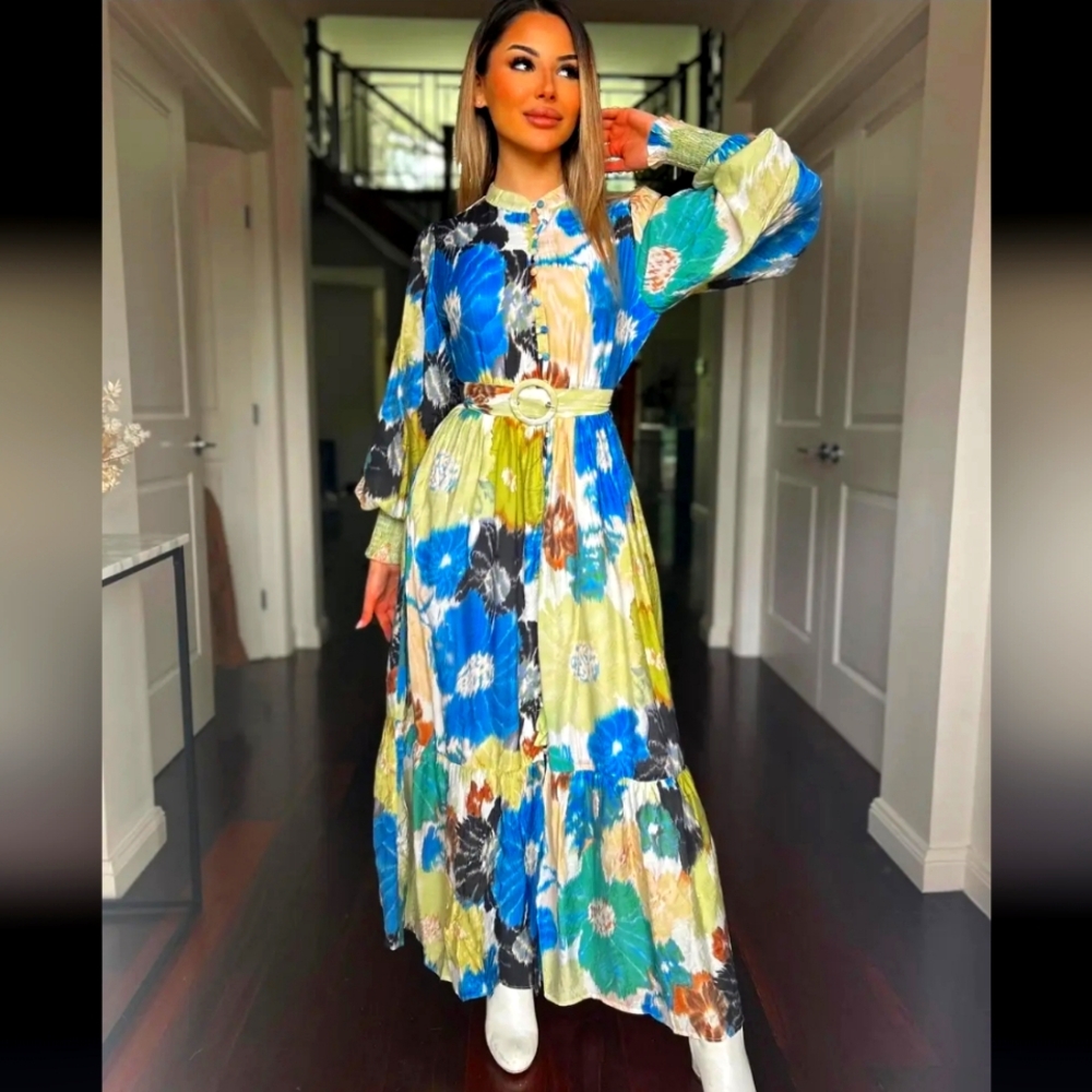 Lorraine boutique stunning royal blue green floral maxi dress sz 8 fits 4-6